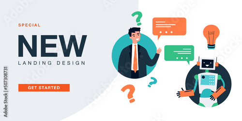 Questions of businessman to robot secretary. Man learning from AI how to problem solving flat vector illustration. Business automation, support concept for banner, website design or landing web page