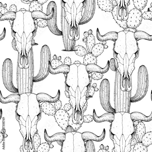 Buffalo Skull and cactus sketch, hand drawn illustration. Seamless pattern. Wild west print. Vector illustration. Tattoo vintage print. Buffalo Skull and cacti background.