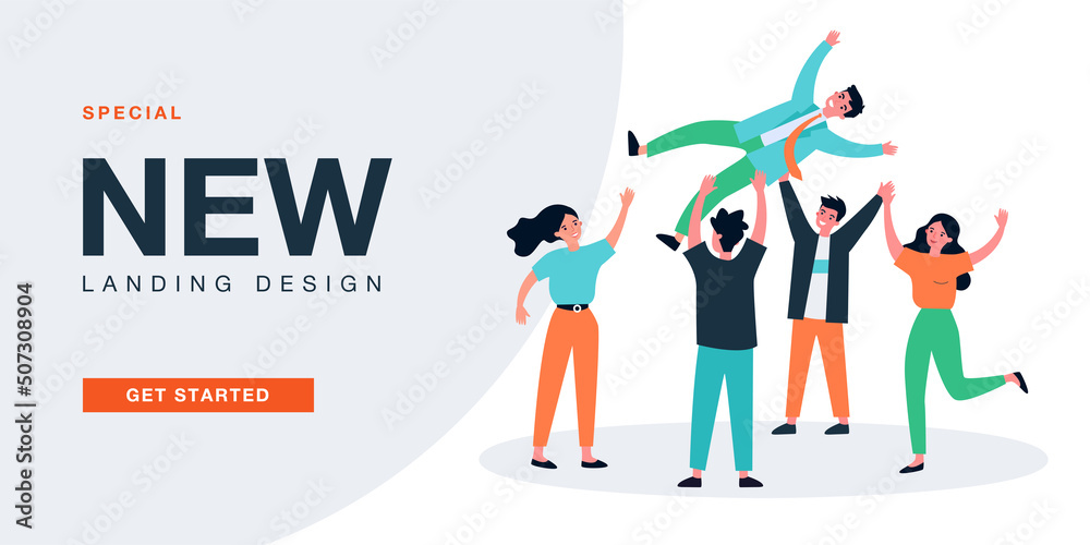 Team of happy colleagues tossing up in air winner businessman. People celebrating victory flat vector illustration. Achievement, success concept for banner, website design or landing web page