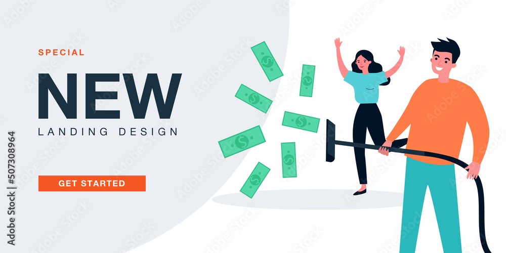Rich people with vacuum cleaner sucking flying paper money. Man holding hose of hoover flat vector illustration. Millionaire, success, wealth concept for banner, website design or landing web page