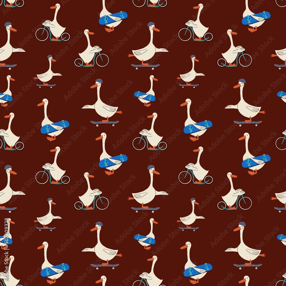 Seamless pattern with goose with skateboard,on skate,white farm animal on blue bike. Print with extreme sports for kids design, fabric, wallpapers, textile, nursing, paper, books, toys.