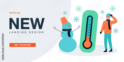 Tiny male character standing near thermometer and snowman. Boy with steam out of mouth and in seasonal clothes flat vector illustration. Winter concept for banner, website design or landing web page