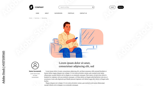 Vector man in front of tv in shadow of sharp lines style . Editable illustration