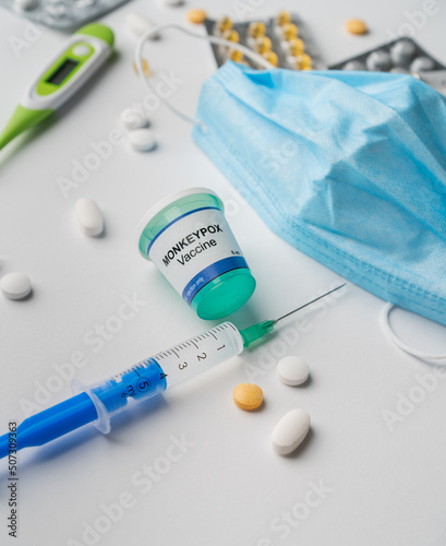 Monkeypox vaccine capsule on white background with face mask injection pills 