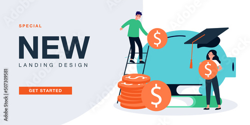Tiny man putting coin in piggy bank, saving money for education. People planning budget flat vector illustration. School fund, investment concept for banner, website design or landing web page