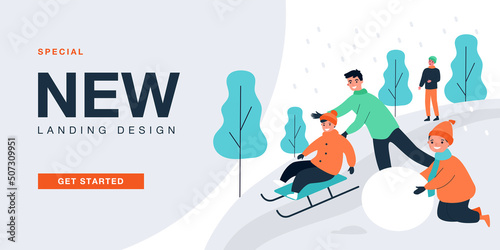 Kids and man sledding down hill together, building snowman. People enjoying snow outdoor flat vector illustration. Winter fun activity, leisure concept for banner, website design or landing web page
