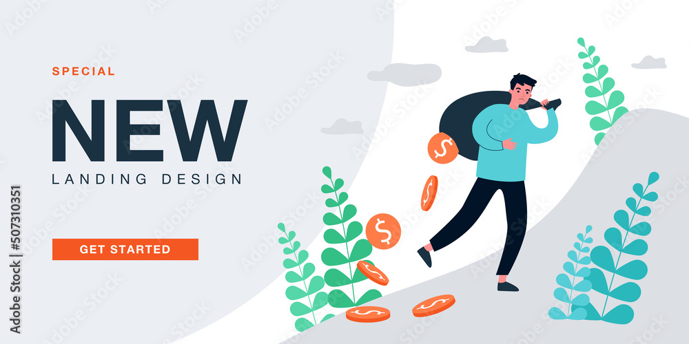 Man carrying torn bag with hole and leaking coins. Leakage and money loss of male character flat vector illustration. Financial risk, loan concept for banner, website design or landing web page Man carrying torn bag with hole and leaking coins. Leakage and money loss of male character flat vector illustration. Financial risk, loan concept for banner, website design or landing web page