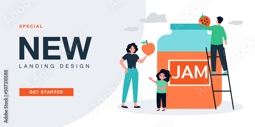 Tiny family people standing near jar of jam. Man and woman holding tasty fruit ingredients flat vector illustration. Jam production, sweet food concept for banner, website design or landing web page