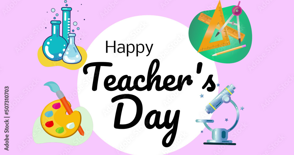 Image of happy teacher's day over school items icons on pink background Image of happy teacher's day over school items icons on pink background