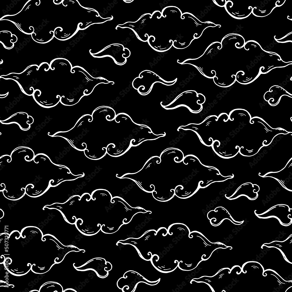 Clouds seamless pattern. Hand drawn vector illustration. Seamless background. Design template. Vintage illustration.