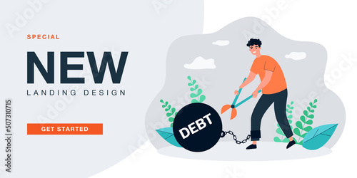 Man breaking long chain of debt burden ball. Person breaking shackles of credits and loans flat vector illustration. Financial freedom, mortgage concept for banner, website design or landing web page