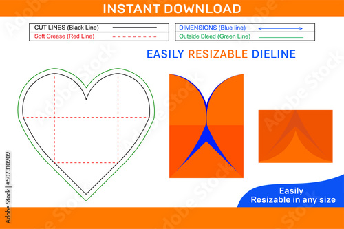 Heart shaped envelope dieline template and 3D envelope design