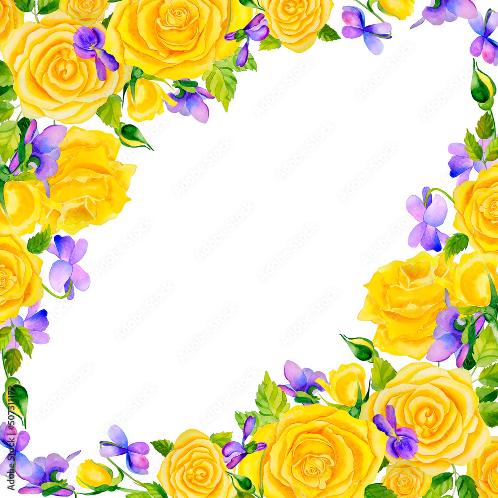 Yellow watercolor roses and violets greeting card. Hand drawn illustration of flowers and buds for greeting and invitation letterheads. Delicate wedding template frame. Yellow watercolor roses and violets greeting card. Hand drawn illustration of flowers and buds for greeting and invitation letterheads. Delicate wedding template frame.