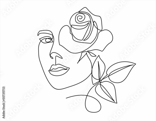 Woman face continuous one line vector drawing. Style templates with abstract female face and rose. Modern minimalist simple linear style. Beauty fashion design