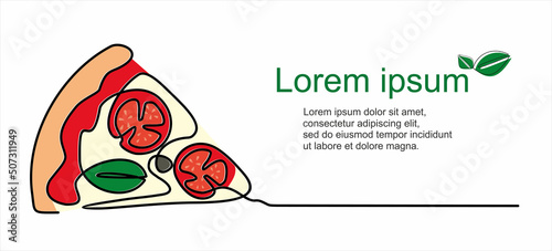 Single continuous line of piece of pizza. Piece of pizza fast food in one line style. Italian pizzeria logotype template concept isolated on white background.