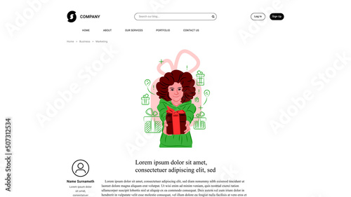 Vector girl giving gift in shadow of sharp lines style . Editable illustration