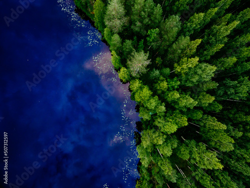 Aerial view of blue lake and green summer woods in Finland.
