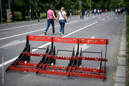 Security mobile vehicle barrier is seen on a pedestrian street
