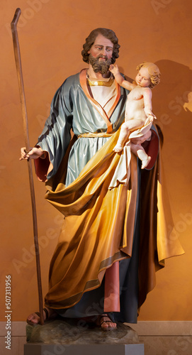 BARI, ITALY - MARCH 3, 2022: The carved polychrome statue of St. Joseph in th...