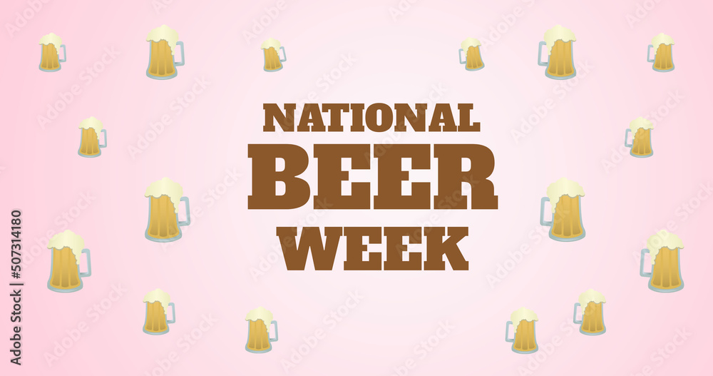 Image of world beer week text and multiple pint of beer over pink background