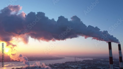 Greenhouse gas emissions. Pollution of factories. Dirty air over the city. Negative impact on human health