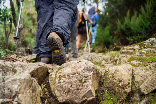 Cuadro en lienzo Particolare di gambe di escursionisti di trekking visti da dietro sulle rocce de