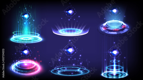 Sci-fi high-technology stage collection in glowing HUD. Magic warp gate in game fantasy. Circle teleport podium. Rays, GUI, UI virtual reality users. Hologram portal swirl light. Product showing photo