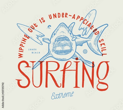 Shark biting surfboard. Shark beach surfing vintage typography silkscreen t-shirt print vector illustration.