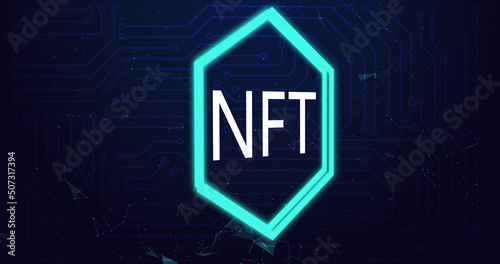 Image of nft text in neon hexagon and data processing over computer circuit board