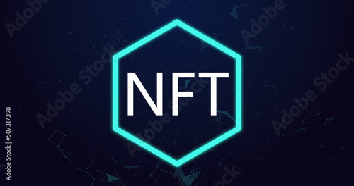 Image of nft text in neon hexagon over white shapes on blue background