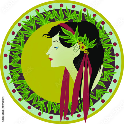 Girl beauty grace spring goddess nymph sorceress with a ribbon on her head plants