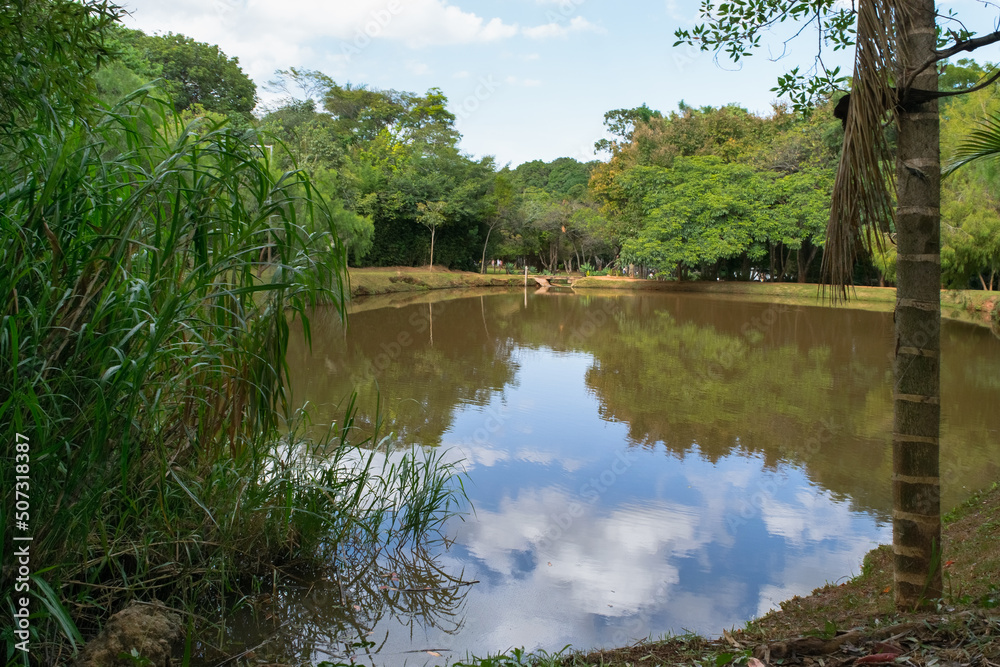 Linda vista de lago artificial cercado de vegetação e um lindo céu azul no Parque das águas, localizado no Barreiro, Belo horizonte, Minas Gerais, Brasil.