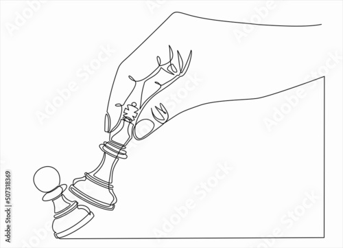 continuous line drawing of hands holding the queen figure  and knocking out  of a chess piece. Strategy business concept and checkmate game. vector illustration photo