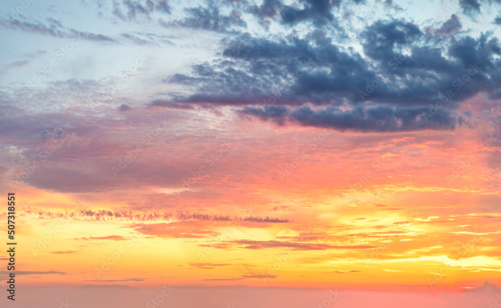 Real panoramic sunrise sundown sunset sky with gentle colorful clouds