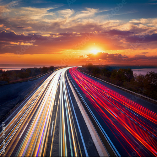 Obraz na płótnie trails lines of cars on the asphalt road. Sunset time with clouds and sun. Drive forward! Transport creative background. Long exposure, motion and blur. w salonie