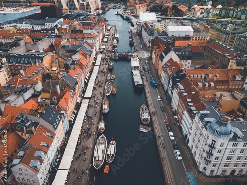 Nyhavn Harbor in Copenhagen, Denmark by Drone