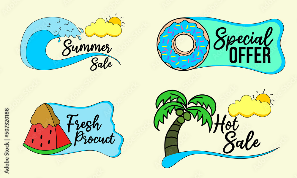 Naklejka premium summer theme vector badge for discount promotion. design with illustrations, waves, ice cream, coconut trees, donuts