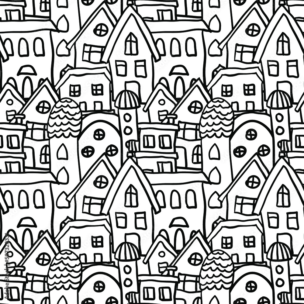 Seamless outline city pattern. Endless little town. Building silhouette.