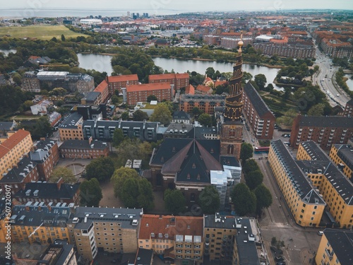 Photography Church of Our Saviour (Vor Frelsers Kirke) in Copenhagen, Denmark by Drone
