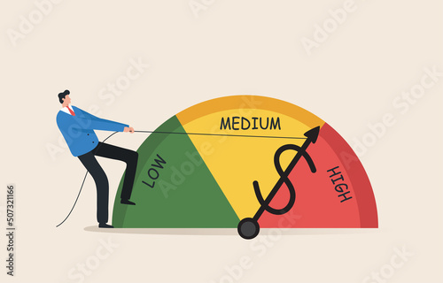 Risk Management Meter. Stock, Finance, economy, inflation, Investment, Financial or business risk management. Businessman pulling rope to reduce risk.