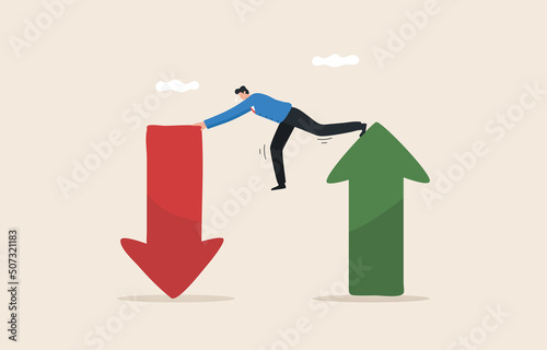 Stock market uncertainty and volatility. Downtrend or uptrend. Investment risk. Investors try to maintain a balance between up and down arrows.