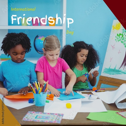 Digital composite image of multiracial children learning craft, international friendship day text