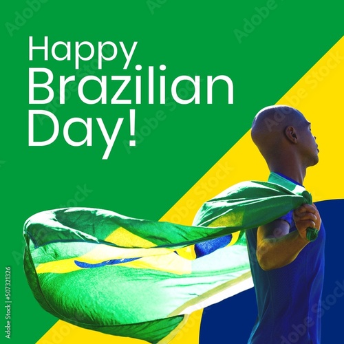 Happy brazilian day text banner over african american man with brazil flag around his back