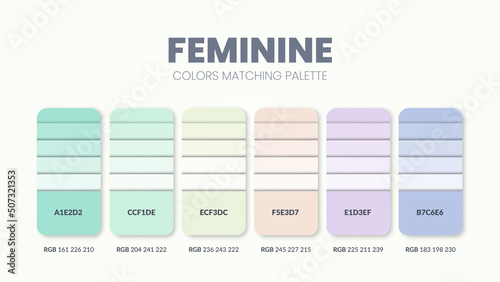 Feminine color palettes or color schemes are trends combinations and palette guides this year, table color shades in RGB or HEX. Color swatch for a tropical summer fashion, home, or interior design