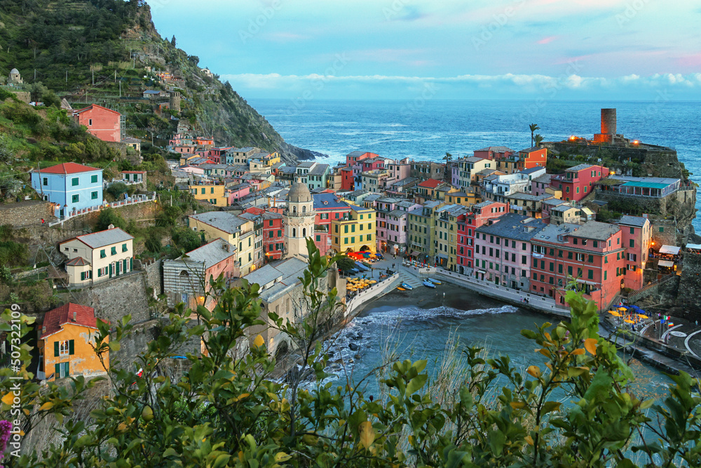 View of Vernazza village popular tourist destination in Cinque Terre National Park a UNESCO World Heritage Site, Liguria, Italy 