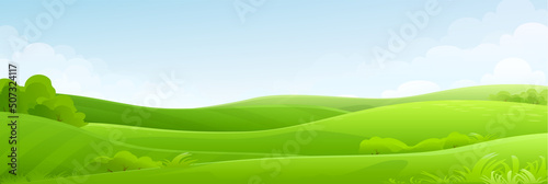 Vector cartoon landscape, seasons hills, grass field, farm background. Cute and bright countryside, green grassland, outdoor design.