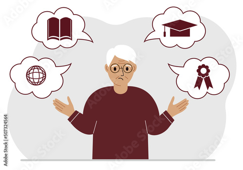 Sad grandfather with thoughts about learning. Internet profession, higher education, stock exchange, financial literacy. Various icons about education.