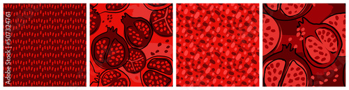 Pomegranate fruit botanical seamless pattern set. Abstract modern nature and food low contrast graphic design with hand drawn simple motifs for kitchen textile or product packaging in red and crimson 