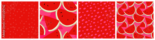 Watermelon, summer fruit botanical seamless background set. Abstract modern nature and food graphic pattern design with hand drawn motifs for kitchen textile or product packaging.