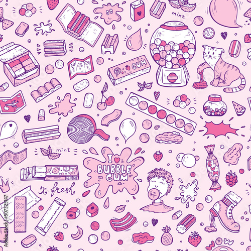 Bubble Gum 90s Pink Retro Background. Hand Drawn Doodle Chewing Gums Seamless pattern. Vector illustration